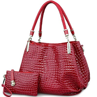 Grote capaciteit zwarte tassen krokodillenleren damestassen dames handtas + portemonnee/portemonnee carteras mujer 2 tassen/set tote bag markttas: Wijnrood