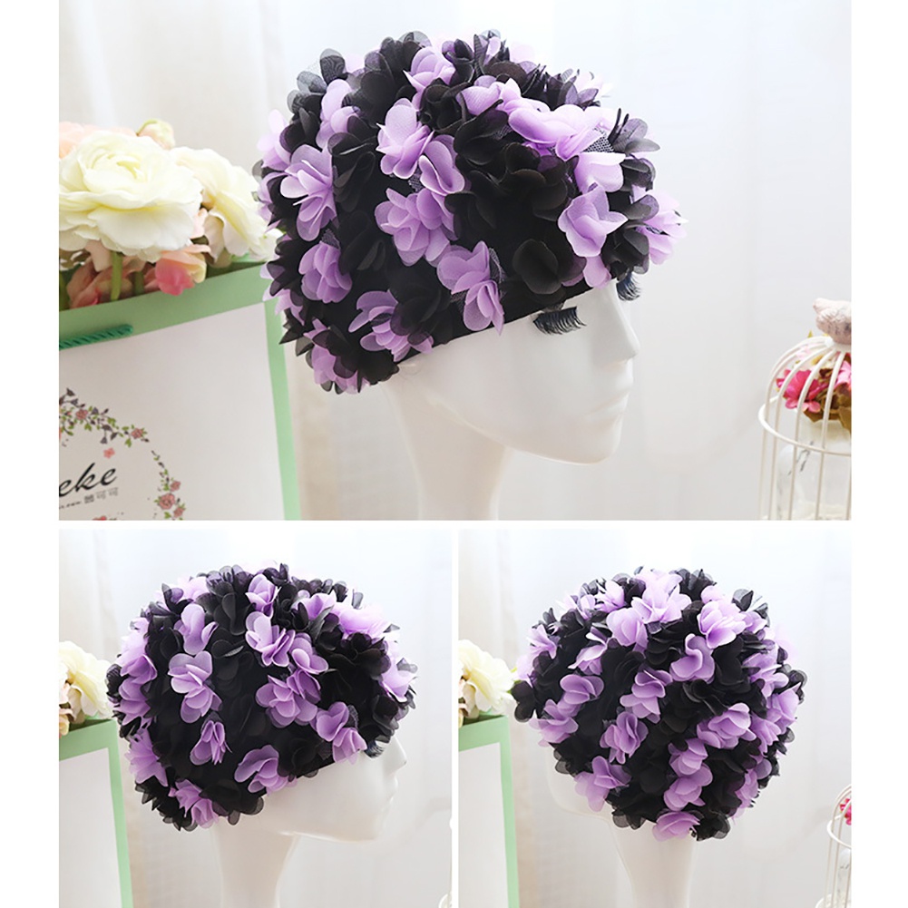 Cuffia da nuoto a fiori da donna confortevole cappello da piscina traspirante petali tridimensionali elastico più fascia per capelli 3D