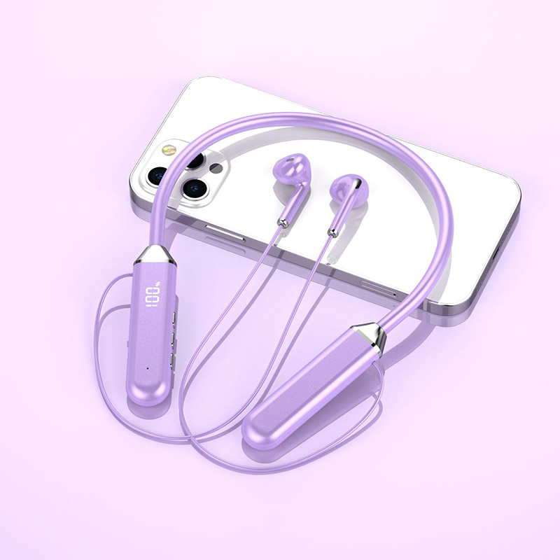 Magnetische NackenbüGel-Kopfhörer, kabellose Bluetooth 5.2-Kopfhörer, LED-Anzeige, Headset, Sport-Ohrhörer mit Geräuschunterdrückung und Mikrofon: Lila