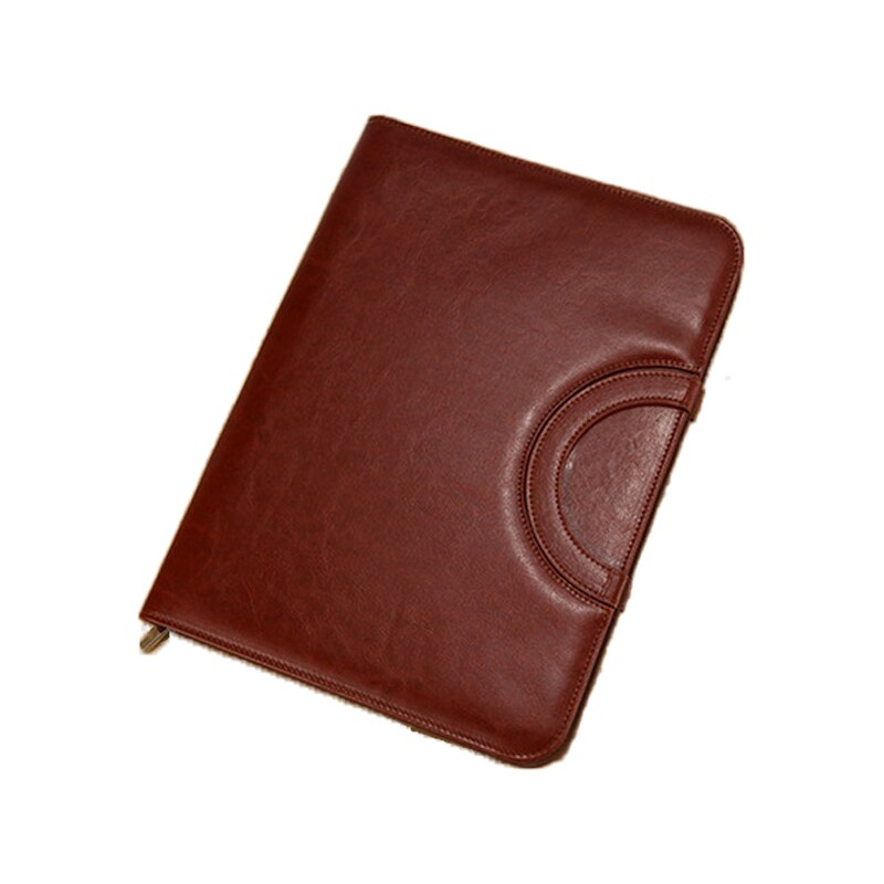 A4 multifunctional zipper file holder PU Leather Portable Manager folder Organizer Manager Clip Writing Pads Office Supplies: Brown