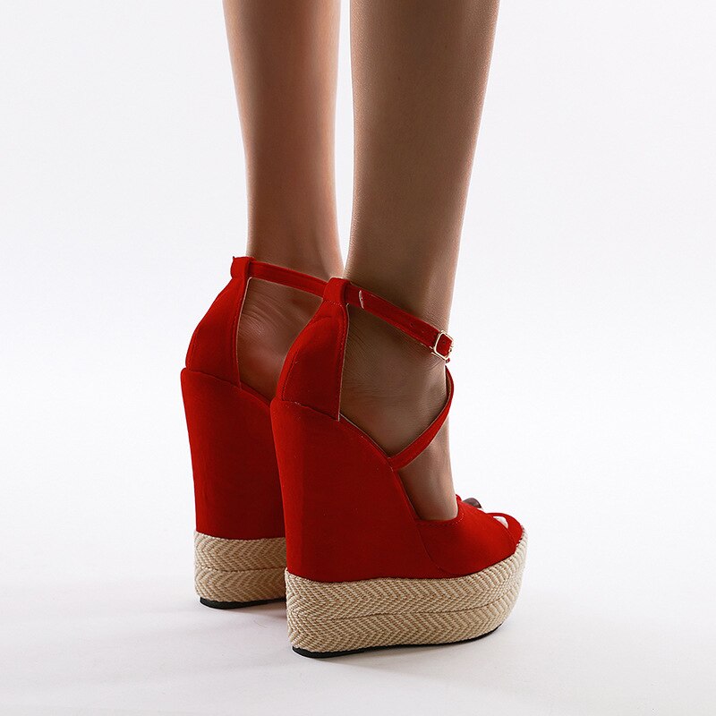 Vrouwen Sandalen Rode Schoenen Vrouw Sleehak Platform Dames Super Hoge Hakken Kruis Gebonden Enkelband Vrouwelijke Zomer Partij Schoenen