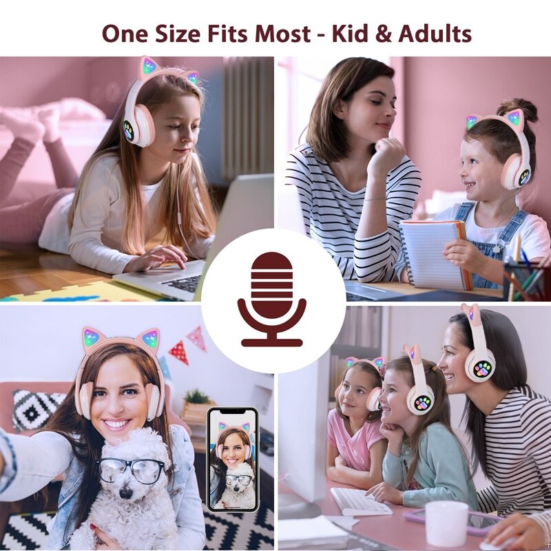 Flashing LED Cute Cat Wireless Headphones with Microphone Women HiFi Stereo RGB Music Phone Bluetooth Headset