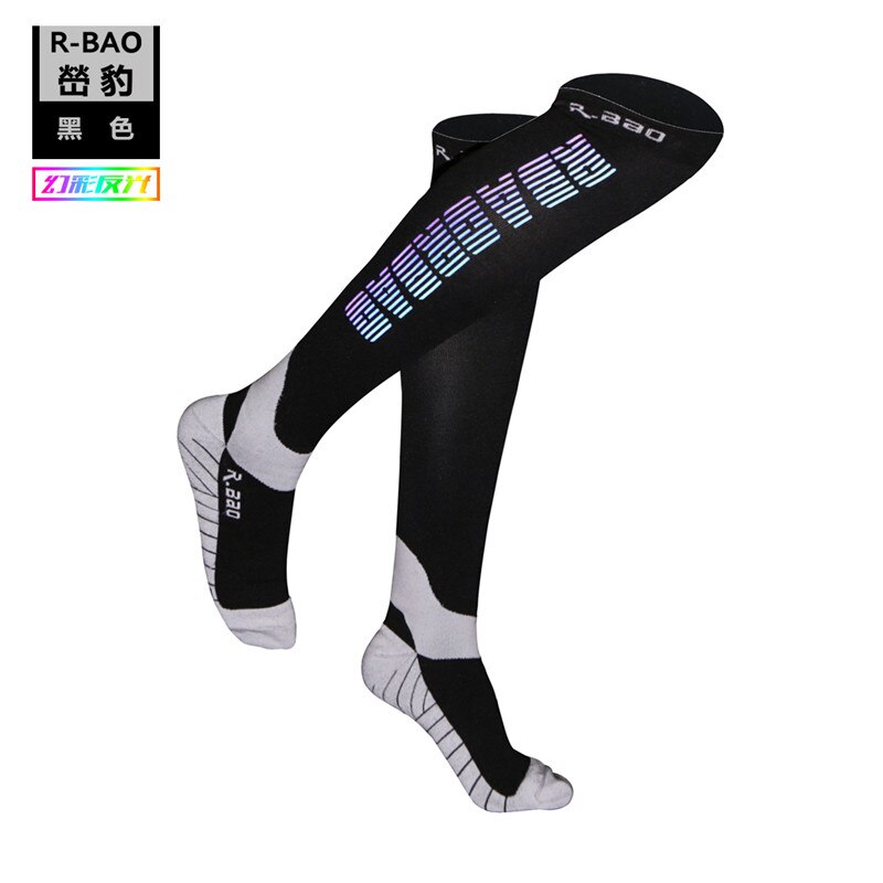 R-BAO Colorful Reflective Compression Running Cycling Socks High Grade Reflecting Logo Function Night Run Mens: Black / L