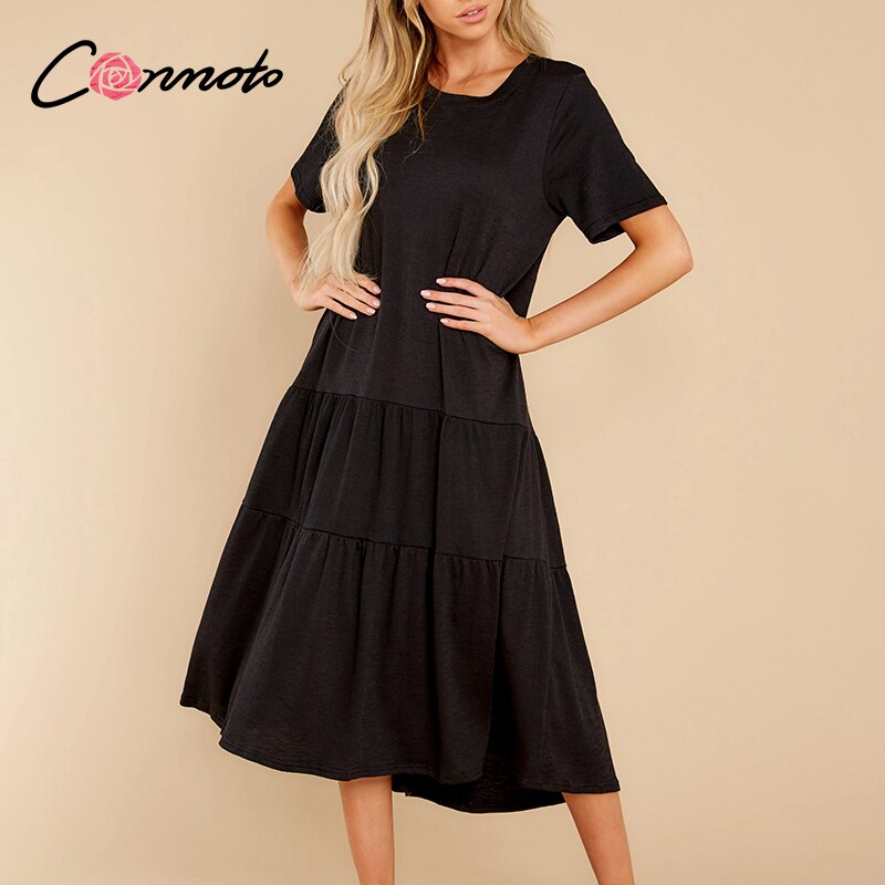 Conmoto Aline ethnic soild color loose women dress Summer causel cozy dress for ladies chic female dress