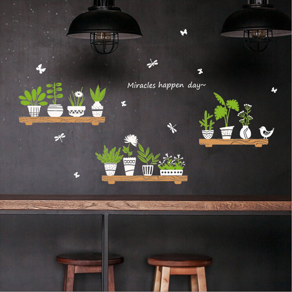 Mærkat boligindretning 3d små friske planter pottebutik glasdør cafe dekoration væg klistermærker aftagelige vandtætte  l0927