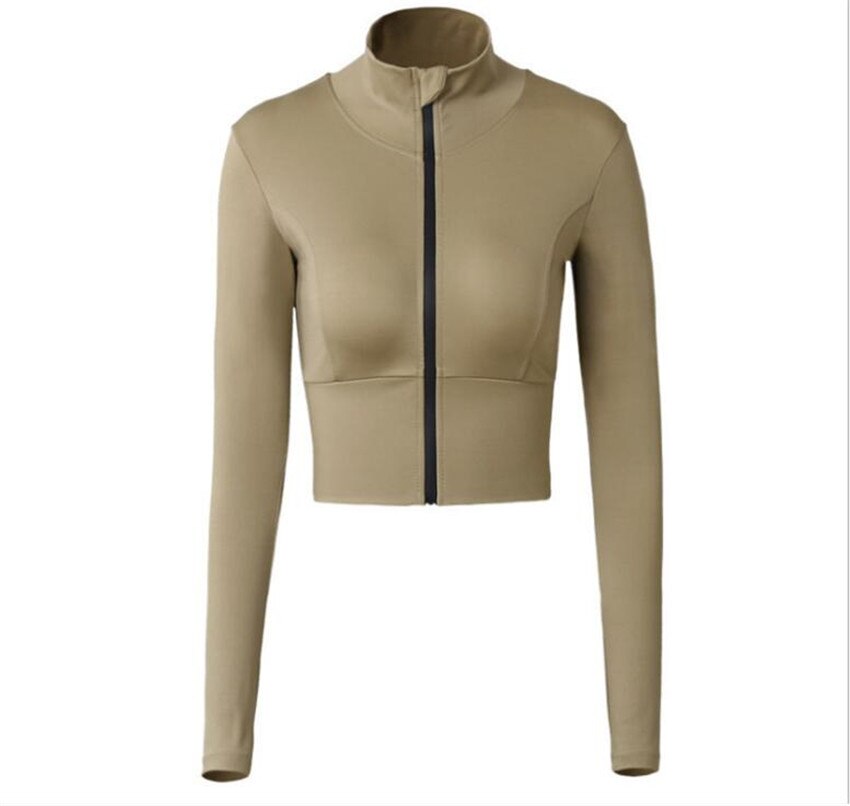 Fitness Running Jacket Lange Mouwen Training Rits Sport Shirt Snel Droog Jogging Crop Top Workout Sportkleding: M / khaki