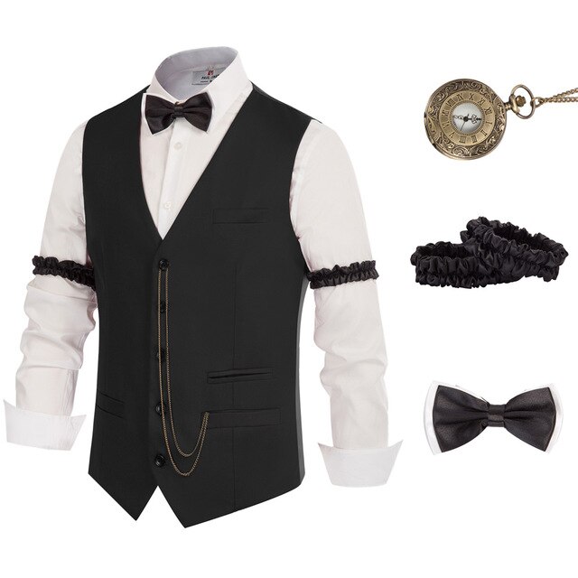 PJ Men 1920s Gangster Costume Vest Set Waistcoat+Pocket Watch+Bow-Tie+Arm Band Halloween Parties Single Breasted V-Neck Waistc: Black / L