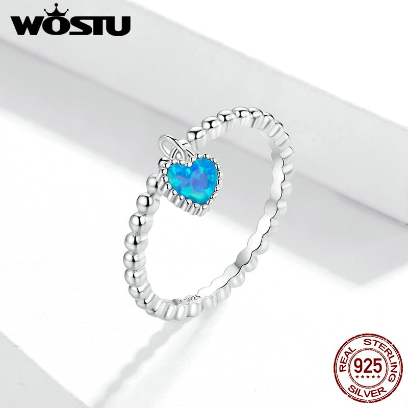 WOSTU Blue Heart Ring 925 Sterling Silver Stackable Translucent Opal Finger Ring For Women Wedding Engagement Jewelry CQR672