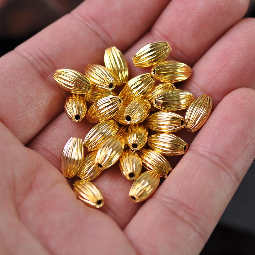 50pcs Gold Plated Color Oval 5x8mm 6x10mm 7x12mm Hollow Plicated Metal Brass Loose Beads lot for Jewelry Making DIY Crafts