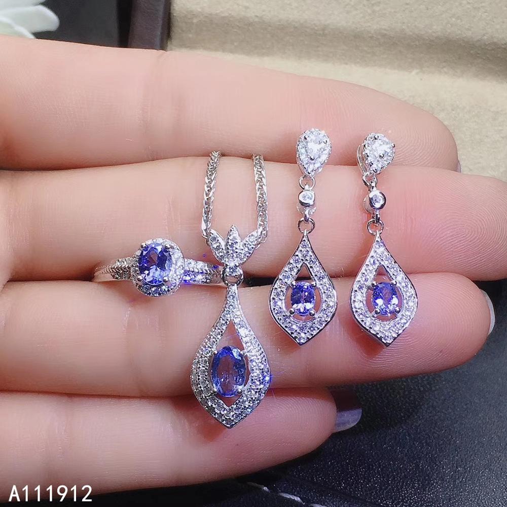 KJJEAXCMY fine jewelry 925 Sterling Silver Natural Tanzanite Girl Ring Pendant Earring Necklace 3 Piece Set Water Suppo