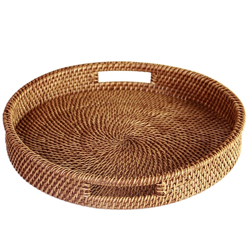 Rottingbricka med handtag-handvävt multifunktionellt korgfack med slitstark rottingfiber (rund 13.5 tum diameter, naturlig): Default Title