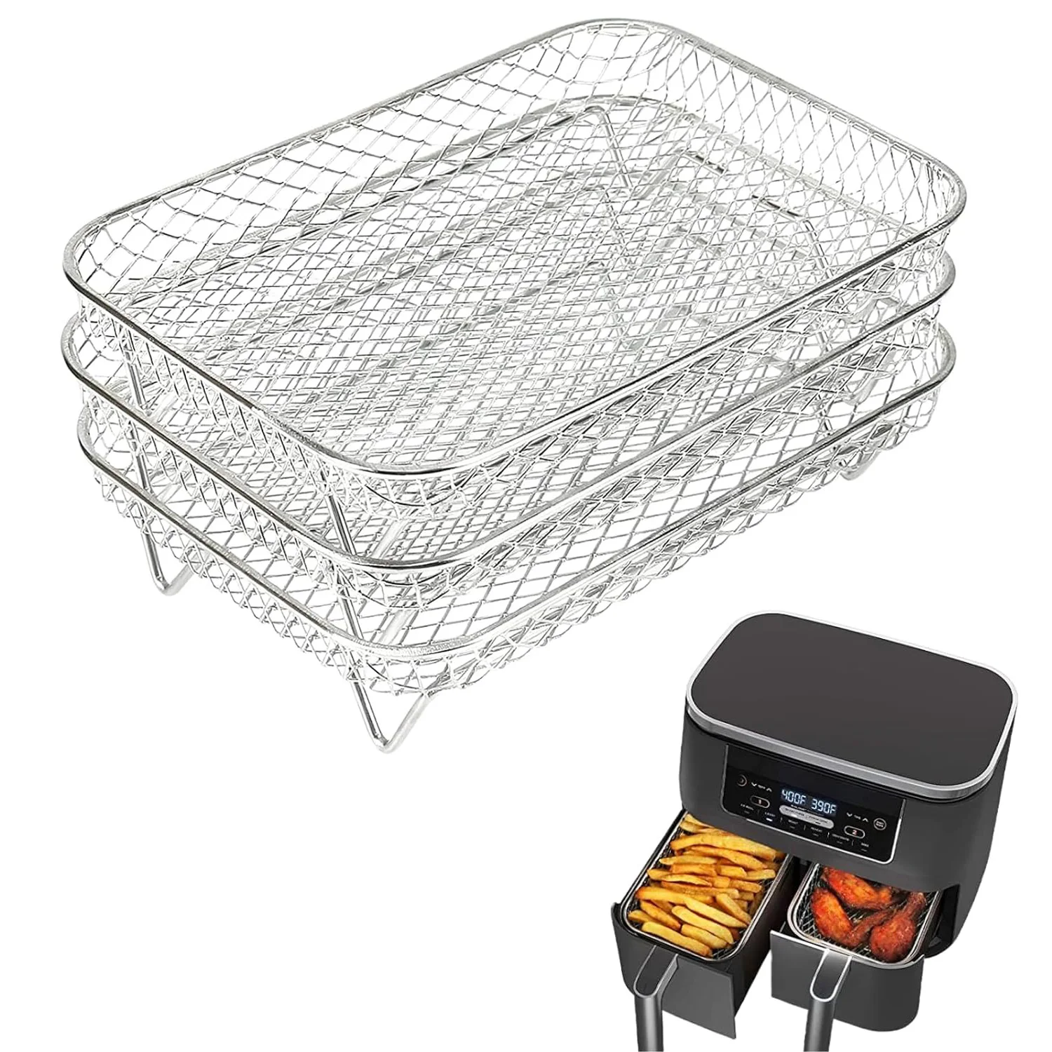 Tres freidoras de aire apilables, bandeja de cesta de acero inoxidable, estantes para hornos, accesorios para freidora de aire, utensilios de cocina, herramientas para hornear: BLANCO