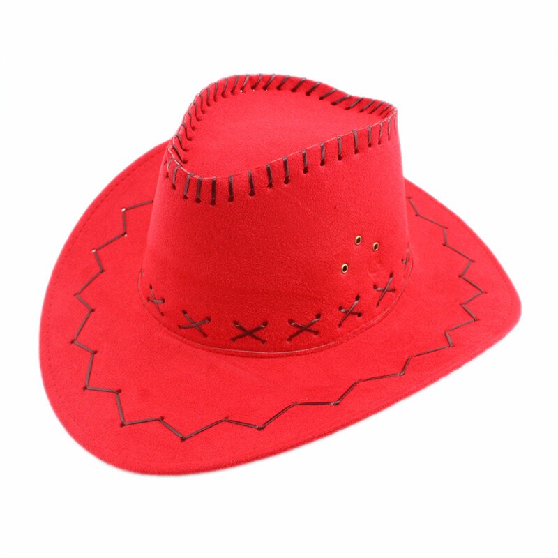 LUCKYLIANJI mężczyźni dziki jazz wiatr zamsz Panama kowboj kowbojka zachodniej szerokim rondem byk jeździec kapelusz Sunhat dostosować przewód (jeden rozmiar: 58cm): Czerwony