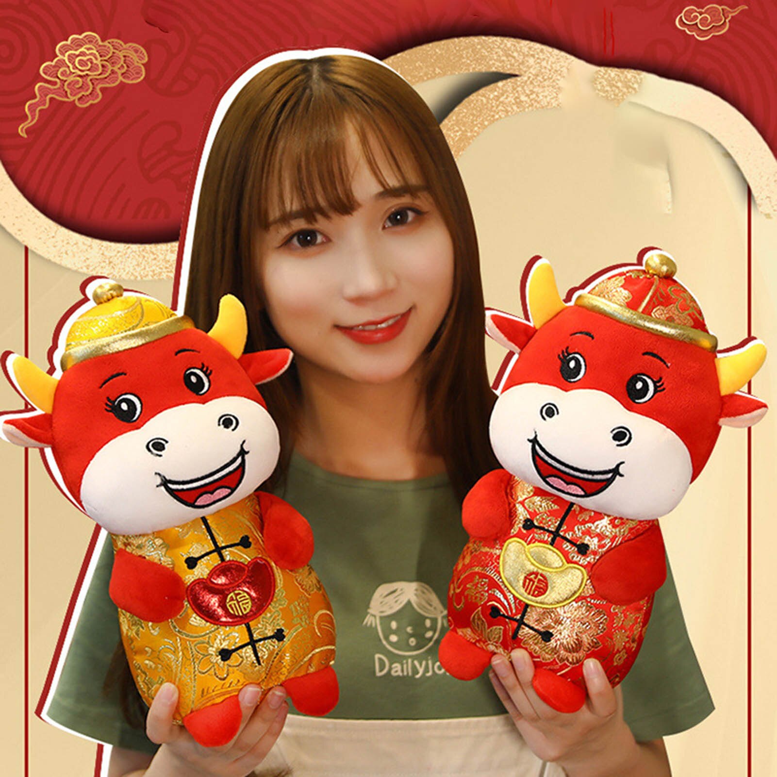 Chinese Year Cute Dress Mascot Plush Red Cow in Tang Suit Soft Toy