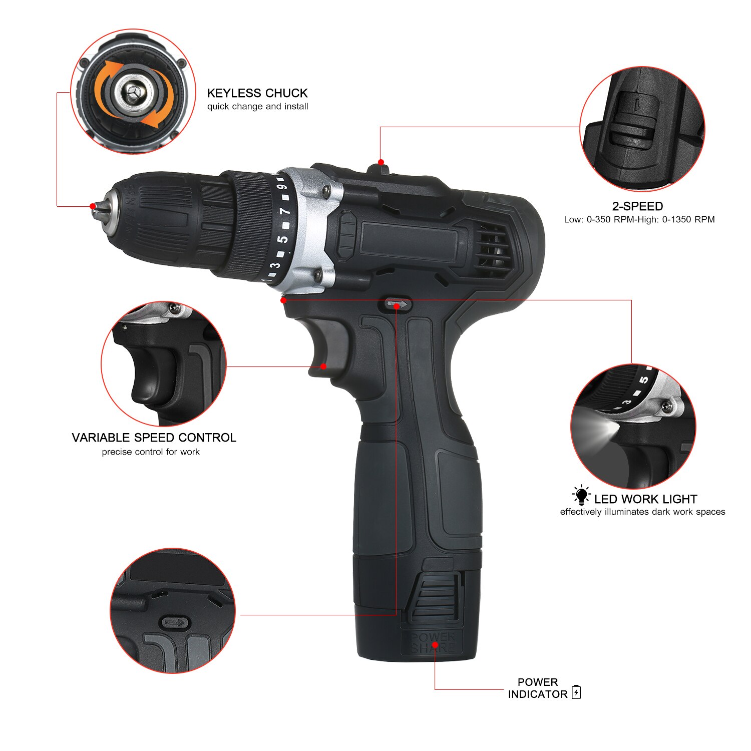 18V 2 Speed Cordless Electric Screwdriver Cordless Drill Machine Battery Power Tools Fast Charger 15+1 Clutch Max 50Nm Torque