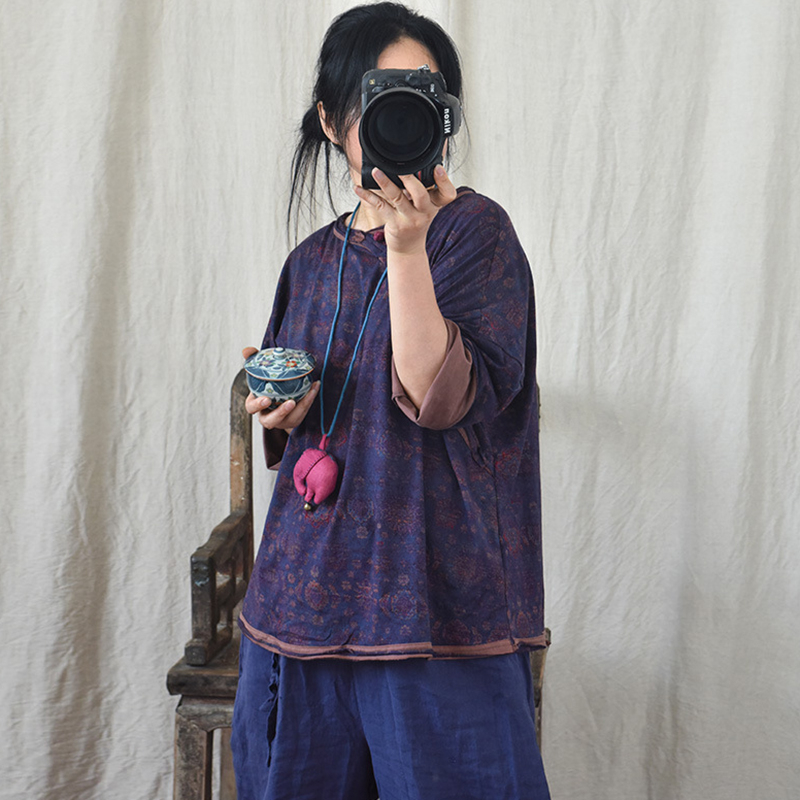 Kinesiske damet-shirts med lange ærmer i bomuld og hør, forårsprint, løse, afslappede toppe til kvinder, t-shirts  m965