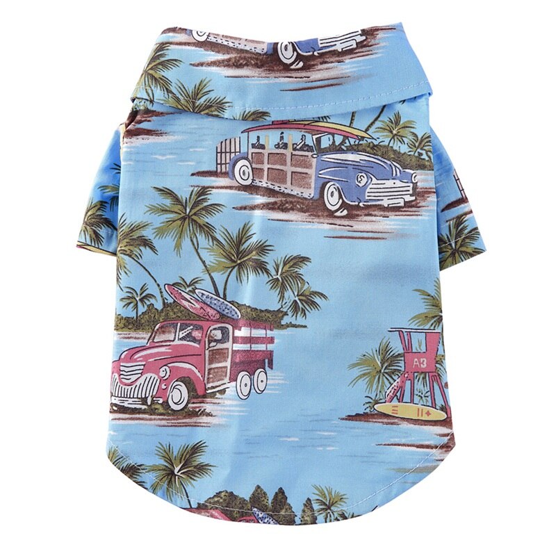 Ropa de verano para perros, camisa de playa con estampado de perro, hawaiana, playera informal de viaje para mascotas, blusa con Gato de manga corta: Azul / XL