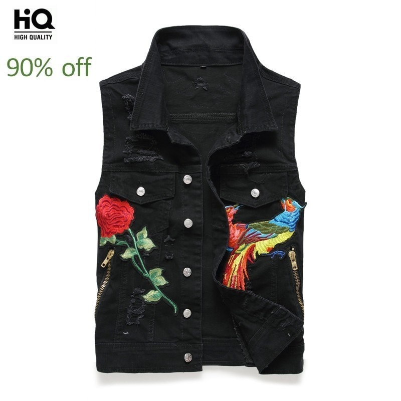 Mens Denim Vests Summer Distressed Sleeveless Black Jaqueta Masculina Slim Fit Embroidery Flower Casual Jeans Vest