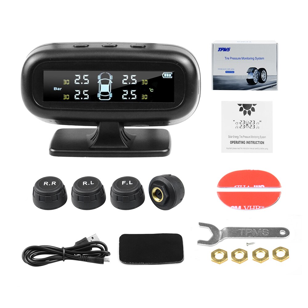 TPMS Tire Pressure Alarm Monitor Solar Power Tyre Pressure Monitoring System with 4 External Sensors Auto Alarm Security: external  2