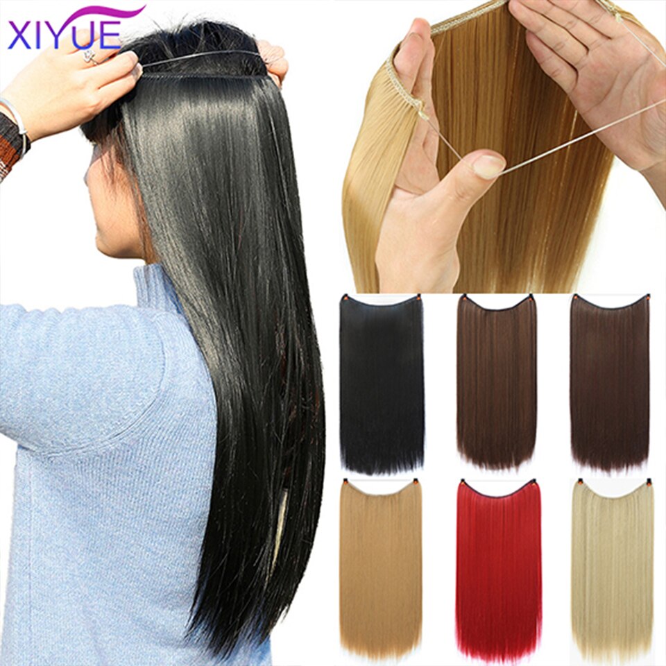 Lang krøllet/lige 24 tommer kvinder fish line hair extensions brun naturlig bølget lang høj temperatur fiber syntetisk hårstykke
