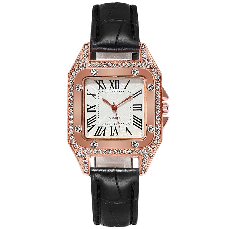 Dames Quartz Horloge Rhinestone Crystal Tonneau Vrouwen Horloge Jurk Luxe Romeinse Cijfers Lederen Horloge Voor Vrouwen: 03