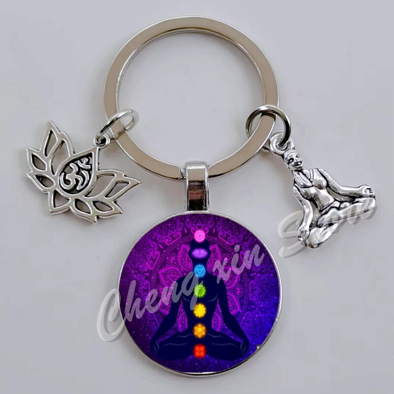 Indian Buddha Meditatie 7 Chakra Mandala Psychedelische Yoga Glas Cabochon Sleutelhanger Ornament: Lichtblauw