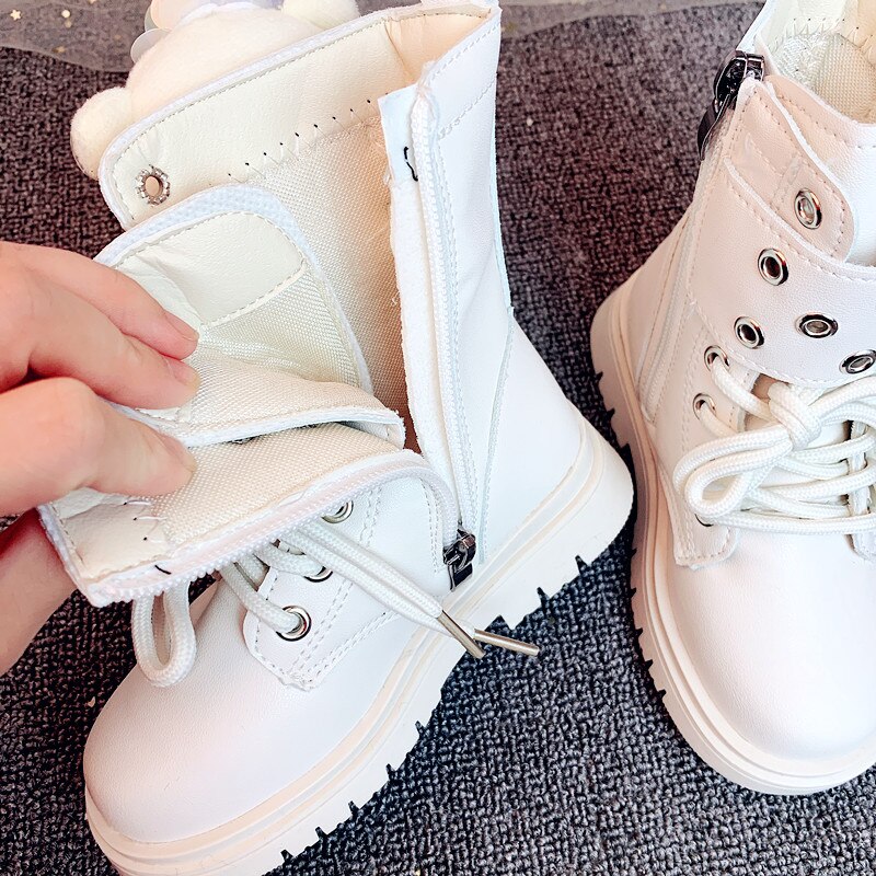 Kids Boots Children Bear Pu Leather Shoes Baby Girls Motorcycle Ankle Boots Rhinestone White Boots Brand Shoes Warm Shoes Winter