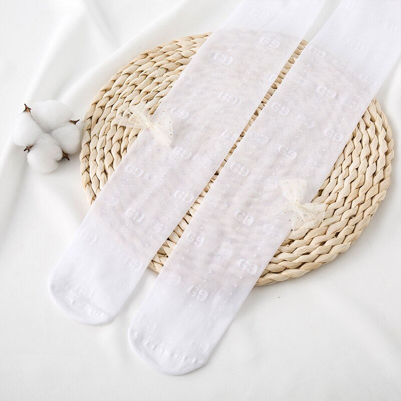 Kinderen Zomer Dunne Gedeelte Gg Brief Ademende Anti-Haak Zijde Leuke Boog Effen Kleur Panty: WHITE / M