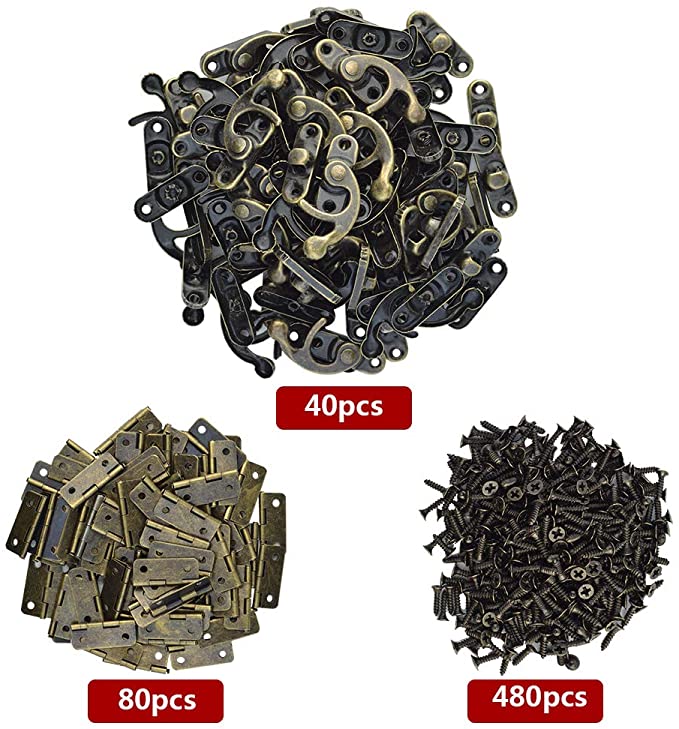 80Pcs Retro Small Box Hinges And 40 Sets Antique Right Latch Hook Hasp Wood Jewelry Box Hasp Catch Decoration For Cabinet Box