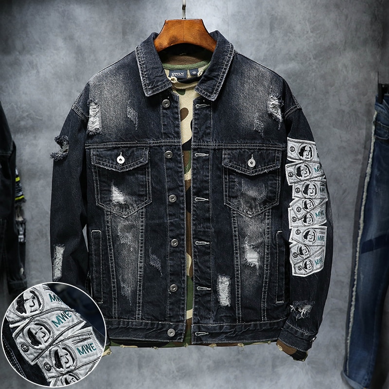 Denim Jacket Men Spring Vintage Hole Embroidered Men's Cowboy Coat Hip-Hop Tide Brand Streetwear