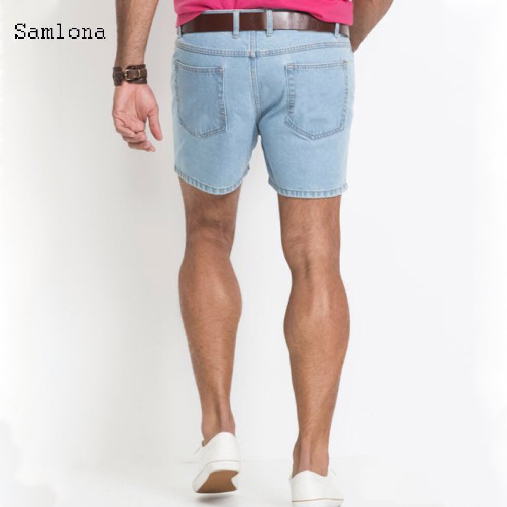 Samlona sommer western shorts jeans mænd lige casual trend all-match klassiske simple denim shorts herre uden bælte: Lyseblå / L