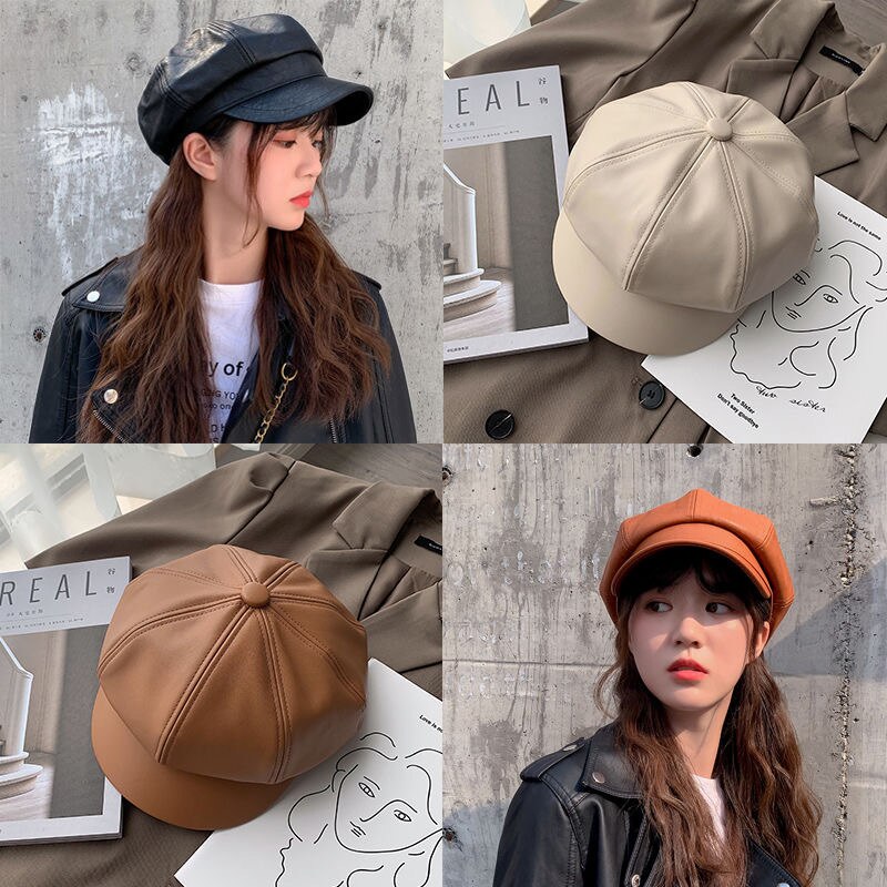 PU Leather Beret Hat Solid Female Autumn Winter Korean Student Wild Round British Style Octagonal Hats Pumpkin Cap