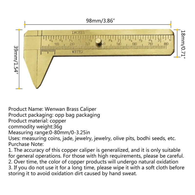Calibrador Vernier de aleación de cobre, Mini calibrador de bolsillo deslizante de latón, de Metal de doble escala para medir piedras preciosas y joyería
