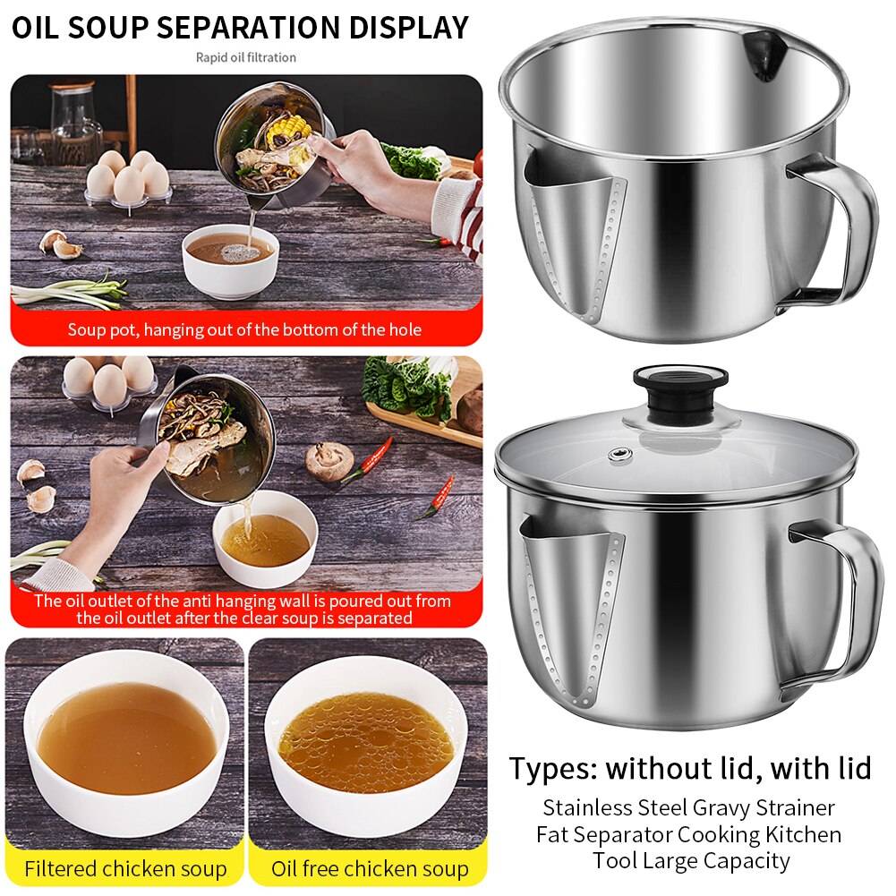 Stainless Steel Oil Kitchen Tool Gravy Strainer Restaurant 4 Cups Fat Separator Easy Clean Large Capacity Home Soup Grease