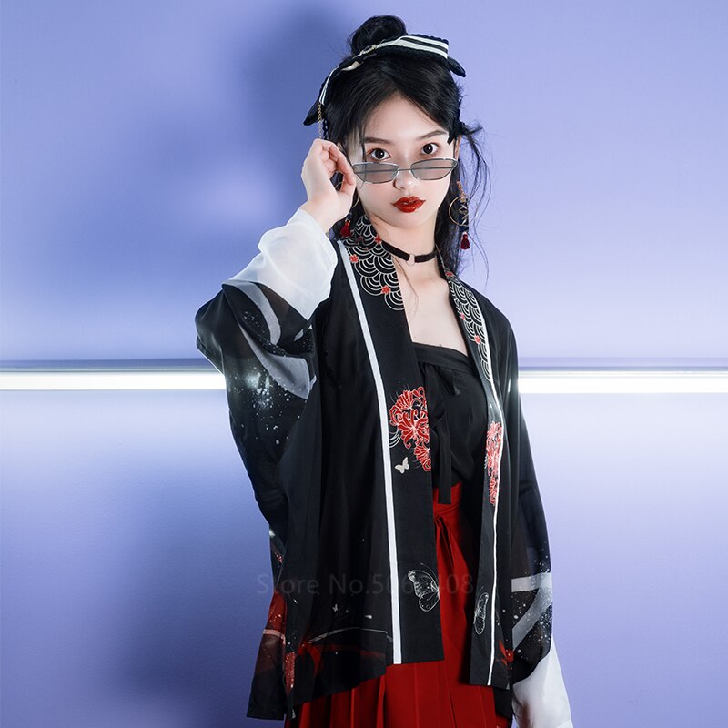 Chinese Traditional Costumes for Women Dress Girl Cardigan Flower Print Japanese China Folk Dance Costume Performance