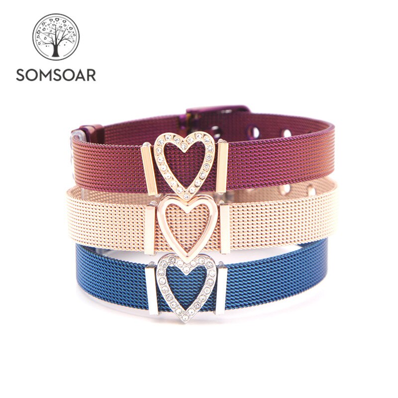 Somsoar Jewelry Color Mesh Bracelet Set with Heart Slide Charms Stainless Steel Bracelet as Valentine's day