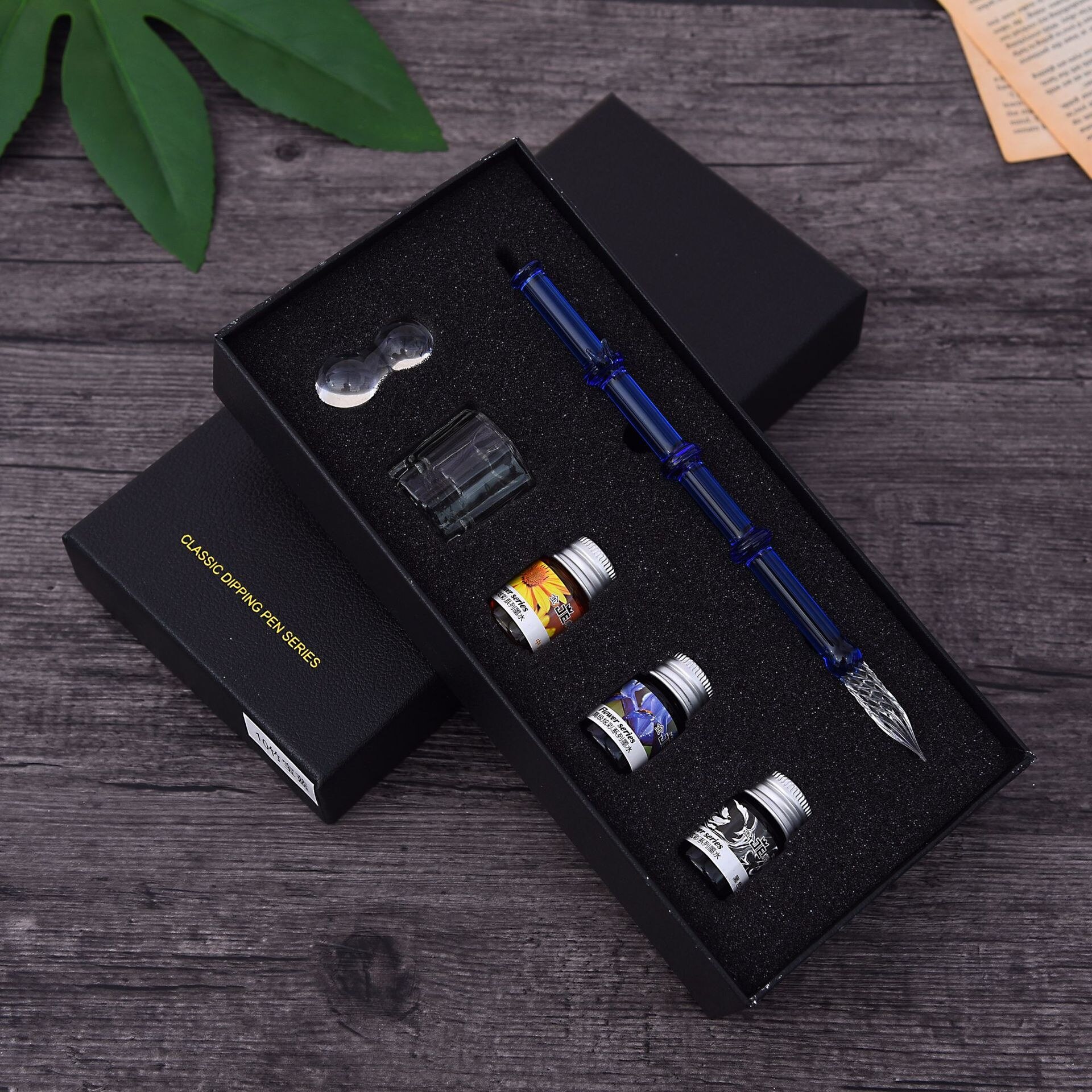 Glass Dip Pen And Ink Set Handmade Dip Pencils Box Glass Dip Pens And Blue Bamboo Style Pens: Blue