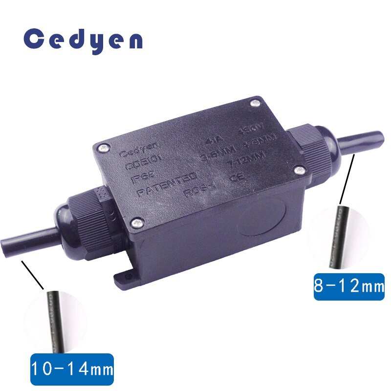 Outdoor Waterproof Junction Box Electrical Case Cable Wire Connector Two Ways IP68 Black Sealed Plastic Underwater with Terminal: 8-12 mm  10-14 mm