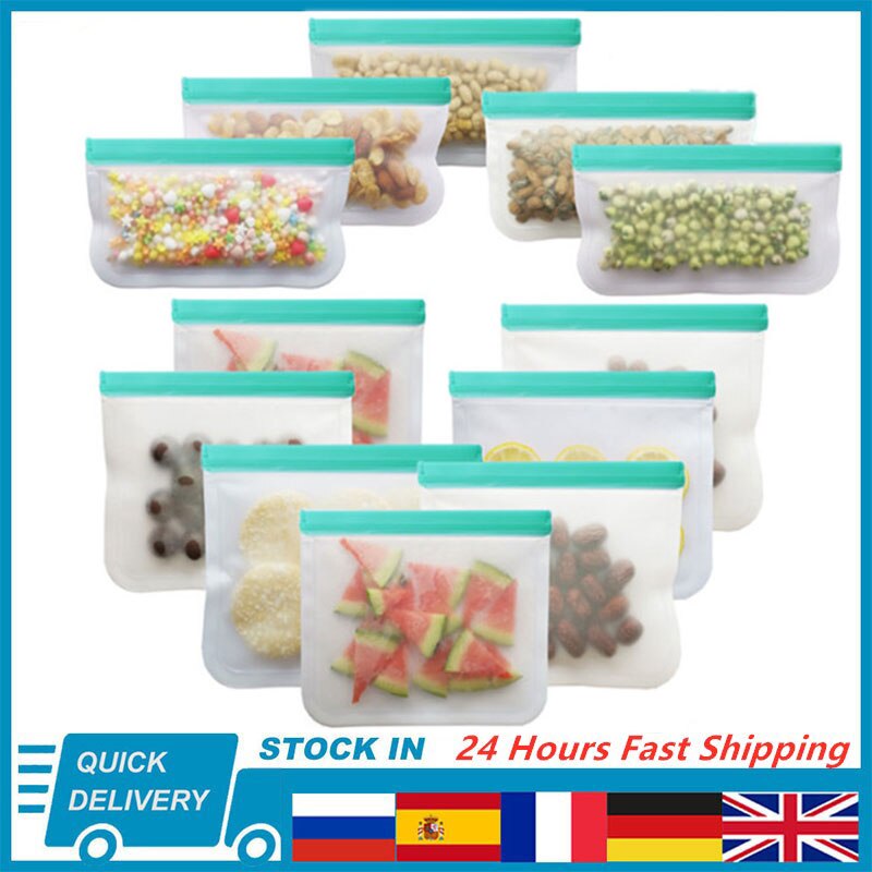 BEEMAN 12pcs Silicone Zip Bag PEVA Silicone Food Storage Containers Leakproof Reusable Shut Bag Fresh Bag Food Storage Bag