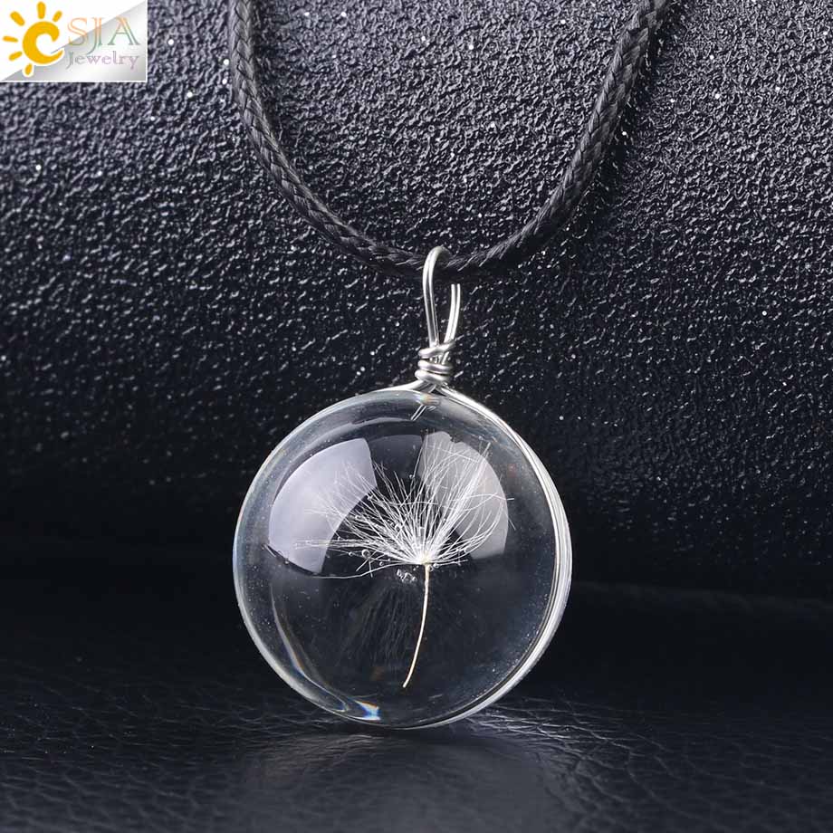 CSJA Decorativo di Modo di Fiori Secchi Collane & Pendenti con gemme e perle di Vetro Palla A Secco Pianta Pendente Corda di Cuoio per le Donne di Fascino Dei Monili F586: White
