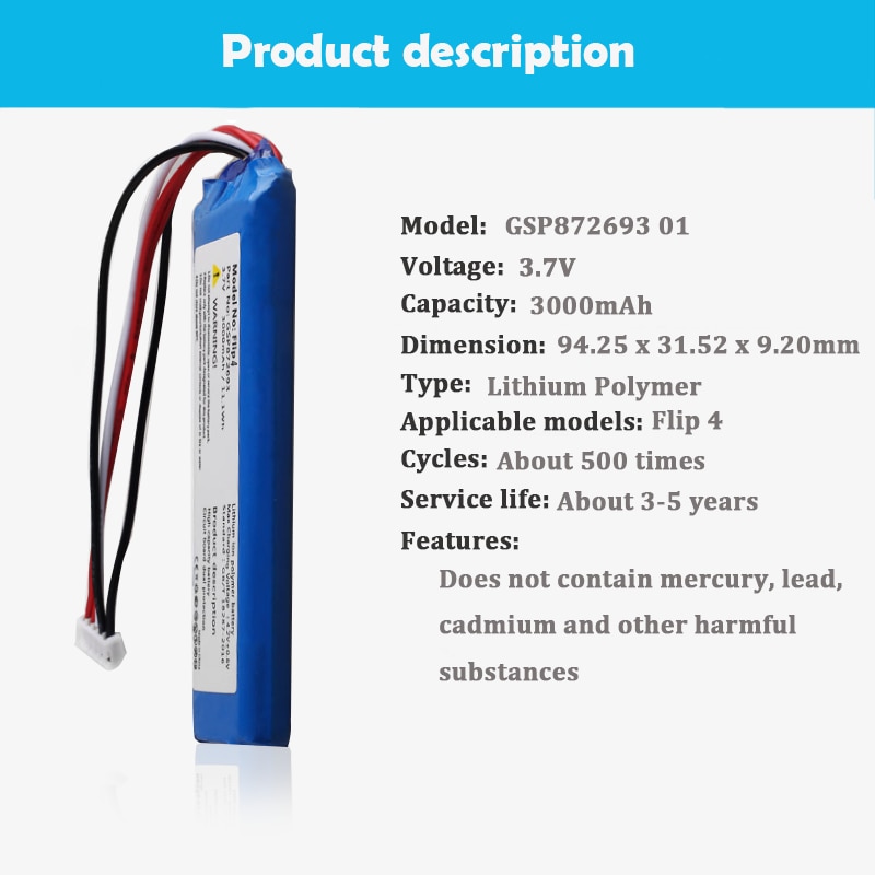 Batería de polímero de litio de repuesto, GSP872693 01, 3,7 V, 3000mAh/11,1 Wh para JBL Flip 4 Flip4 Edición especial, altavoz inalámbrico por bluetooth