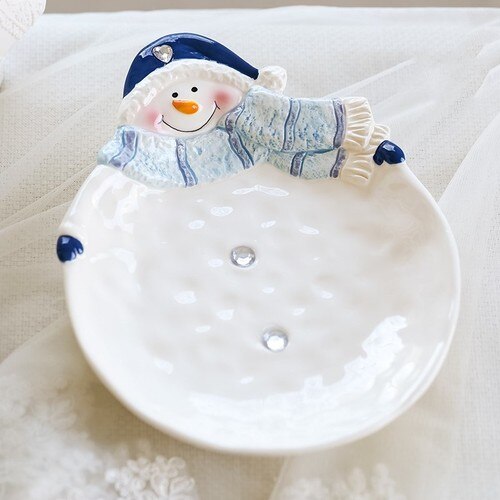 Blue Snowman Plates Christmas Home Decor Snack Dishes Kitchen Utensils Tablware: snow plate L