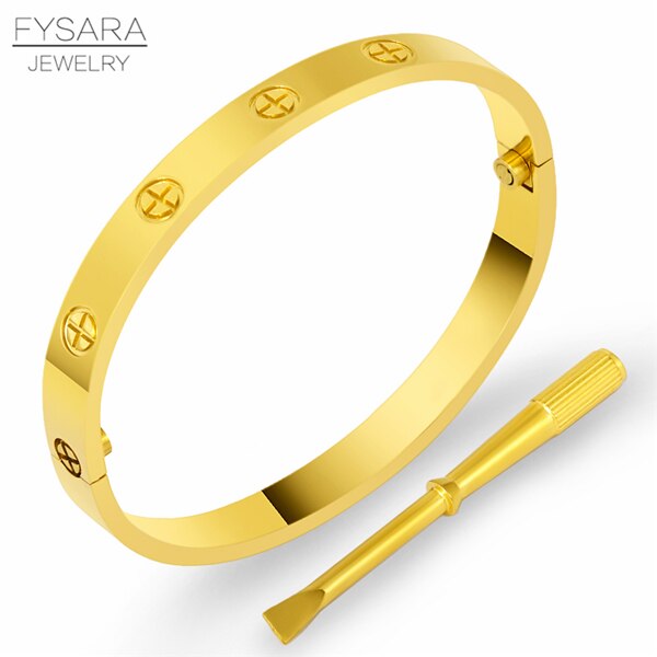 FYSARALuxury Titanium Steel Classic Crystals Cross Bangles Women Men Screwdriver Wristband Bangle Couple Gold Love Screw Bangles: Gold No Stone / inner perimeter19cm