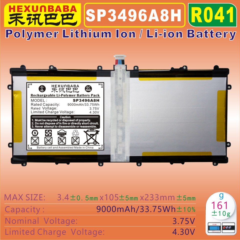 [SP3496A8H] 3.7 V 9000 mAh lithium Polymeer ion/Li fit voor SAMSUNG Galaxy Tab GT-P8110 GOOGLE NEXUS 10 [R041]