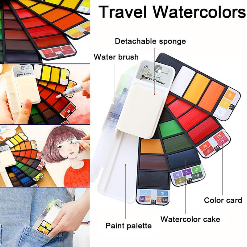 "Juego de pintura de acuarela sólida Superior 18/25/33/42 con pincel de agua plegable Color de viaje pigmento para dibujar acuarelas profesionales watercolor arte pintar"
