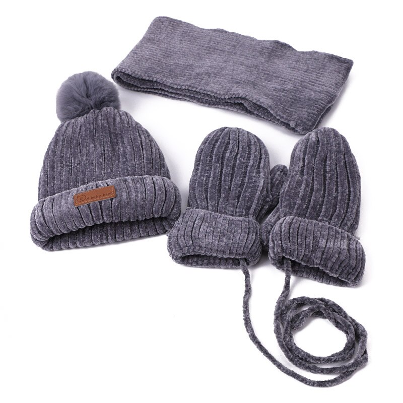Tredelt hatte tørklæde handsker sæt børn hat vinter varm vante pompon strikket hat med foring efterår ensfarvet beanies sæt: Grå