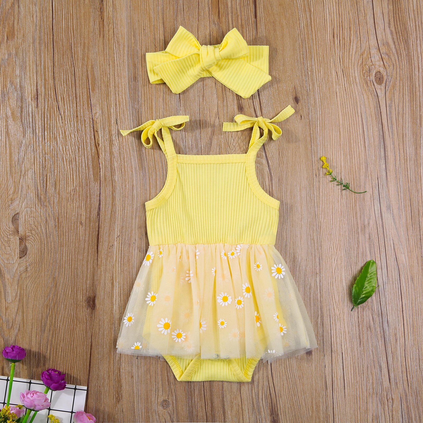 2Pcs Baby Girls Summer Outfits Cute Self Tie Strap Sleeveless Daisy Print Tutu Romper with Headband Set
