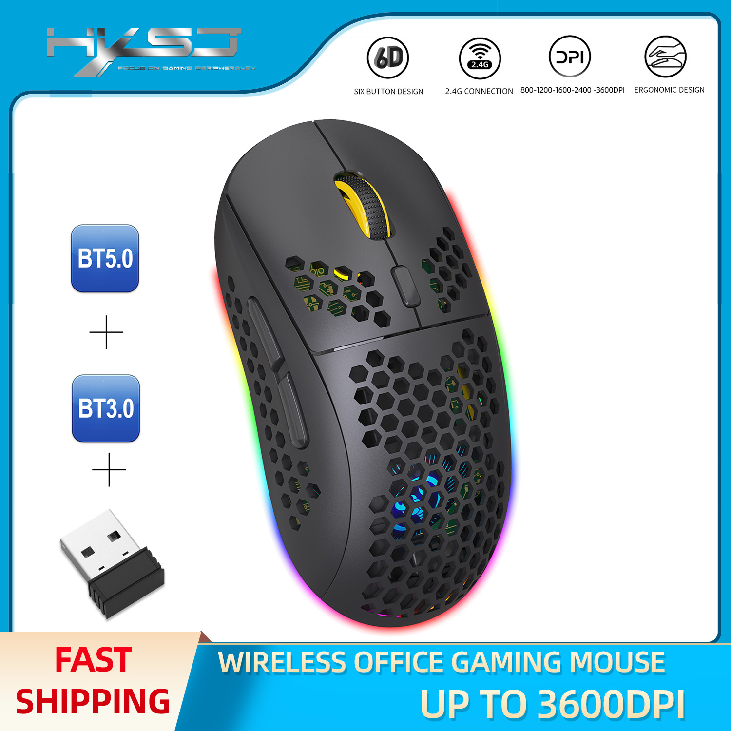 HXSJ Hole Cooling Mouse 2.4G Bluetooth Three-mode Mouse 3600DPI Adjustable RGB Light Can Turn Off the Light for Notebook PC