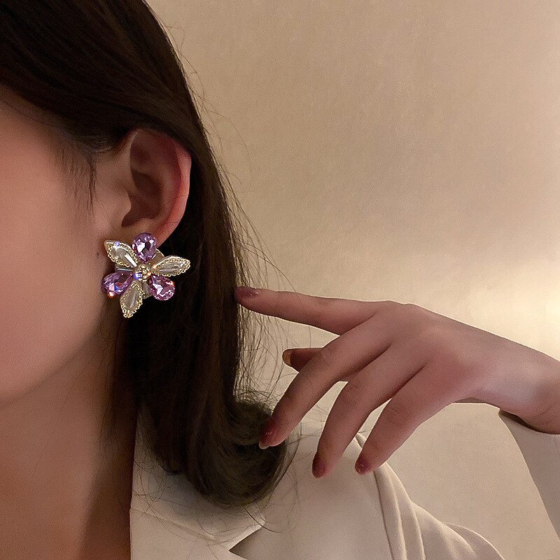 FYUAN Flower Purple Crystal Stud Earrings for Women Geometric Earrings Weddings Party Jewelry