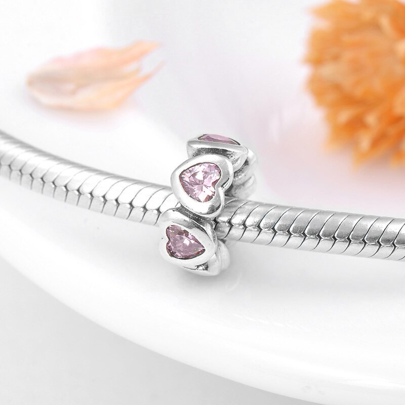 Cuentas espaciadoras de corazón apilables deslumbrantes auténticas, 925 Plata Rosa CZ, aptas para Charm Original europeo, pulsera DIY para fabricación de joyas